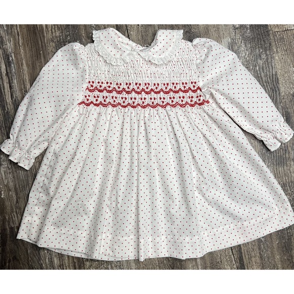Vintage Polly Flinders Baby Girl Dress Red White Polka Dot Smocked Peter Pan - Picture 1 of 8